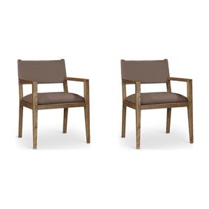 Bowery Hill Set of 2 Dining Arm Chairs in Brown Vegan Leather and Walnut Ash Wood
