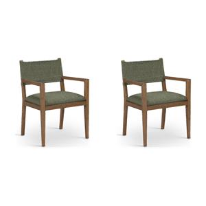 Bowery Hill Set of 2 Olive Linen Dining Arm Chairs in Solid Ash Wood
