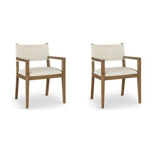 Bowery Hill Set of 2 Cream Linen Dining Arm Chairs in Solid Ash Wood with Walnut Finish