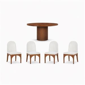 Bowery Hill Set of 5 Round Oak Veneer Table and 4 Cream Chenille Chairs