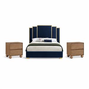 Bowery Hill Set of 3 Navy Velvet Queen Bed and 2 Walnut Nightstands