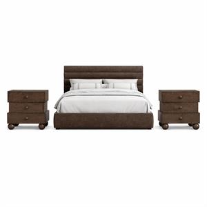 Bowery Hill Set of 3 Brown Chenille Queen Bed and 2 Walnut Oak Nightstands