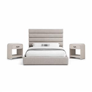 Bowery Hill Set of 3 Taupe Linen Queen Bed and 2 Cream Linen Nightstands