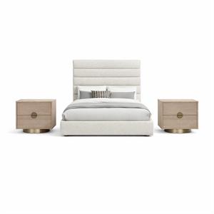 Bowery Hill Set of 3 Cream Boucle Full Bed and 2 Natural Oak Nightstands
