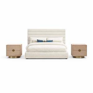 Bowery Hill Set of 3 Cream Boucle King Bed and 2 Natural Oak Nightstands