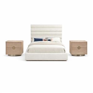 Bowery Hill Set of 3 Cream Boucle Queen Bed and 2 Natural Oak Nightstands