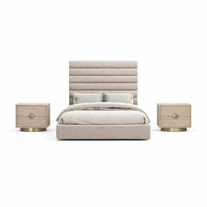 Bowery Hill Set of 3 Beige Chenille Full Bed and 2 Natural Oak Nightstands