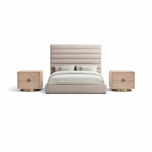 Bowery Hill Set of 3 Beige Chenille King Bed and 2 Natural Oak Nightstands