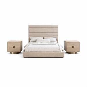 Bowery Hill Set of 3 Beige Chenille Queen Bed and 2 Natural Oak Nightstands