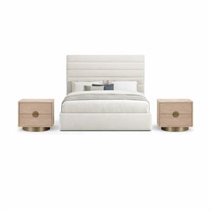 Bowery Hill Set of 3 Cream Linen Full Bed and 2 Natural Oak Nightstands