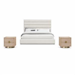 Bowery Hill Set of 3 Cream Linen Queen Bed and 2 Natural Oak Nightstands