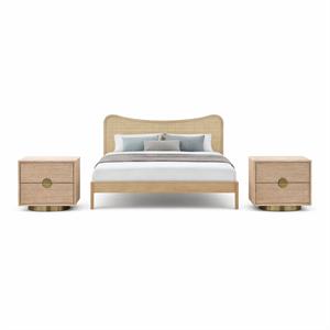 Bowery Hill Set of 3 Solid Wood Cane Full Bed and 2 Natural Oak Nightstands