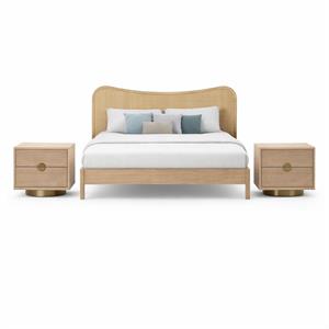 Bowery Hill Set of 3 Solid Wood Cane King Bed and 2 Natural Oak Nightstands