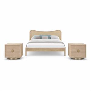 Bowery Hill Set of 3 Solid Wood Cane Queen Bed and 2 Oak Nightstands