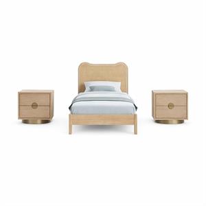 Bowery Hill Set of 3 Solid Wood Cane Twin Bed and 2 Natural Oak Nightstands