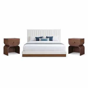 Bowery Hill Set of 3 Cream Chenille Full Bed and 2 Walnut Oak Nightstands