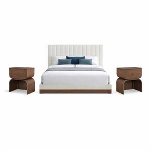 Bowery Hill Set of 3 Cream Chenille Queen Bed and 2 Walnut Oak Nightstands