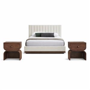 Bowery Hill Set of 3 Cream Chenille Twin Bed and 2 Walnut Oak Nightstands