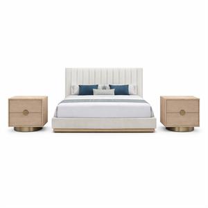 Bowery Hill Set of 3 Cream Chenille King Bed and 2 Natural Oak Nightstands