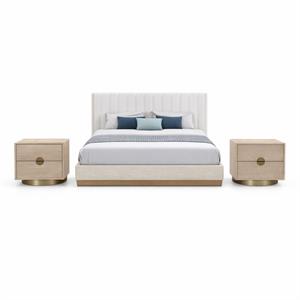 Bowery Hill Set of 3 Cream Chenille Queen Bed and 2 Natural Oak Nightstands