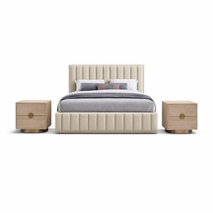 Bowery Hill Set of 3 Cream Velvet Queen Bed and 2 Natural Oak Nightstands