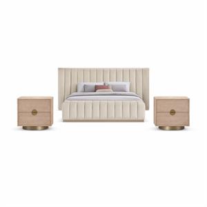 Bowery Hill Set of 3 Cream Velvet Queen Bed and 2 Natural Oak Nightstands