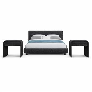 Bowery Hill Set of 3 Black Upholstered Full Bed and 2 Black Oak Nightstands
