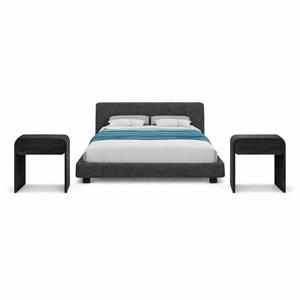 Bowery Hill Set of 3 Black Upholstered Queen Bed and 2 Oak Nightstands