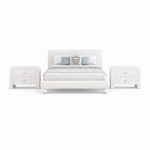 Bowery Hill Set of 3 Cream Chenille Full Bed and 2 White Wood Nightstands