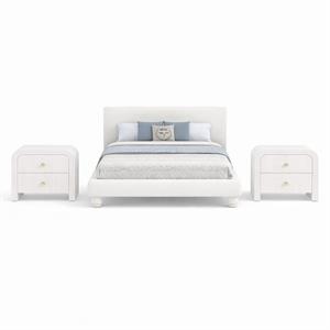 Bowery Hill Set of 3 Cream Chenille Queen Bed and 2 White Wood Nightstands