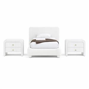 Bowery Hill Set of 3 Cream Chenille Twin Bed and 2 White Wood Nightstands
