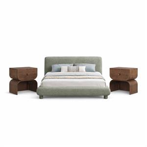 Bowery Hill Set of 3 Green Chenille Full Bed and 2 Brown Oak Nightstands