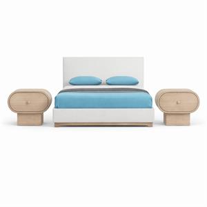Bowery Hill Set of 3 Cream Linen Queen Bed and 2 Natural Oak Nightstands