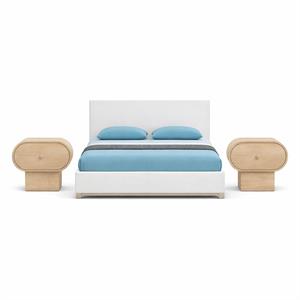 Bowery Hill Set of 3 Cream Linen King Bed and 2 Natural Oak Nightstands