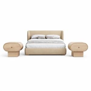 Bowery Hill Set of 3 Beige Chenille Full Bed and 2 Natural Oak Nightstands