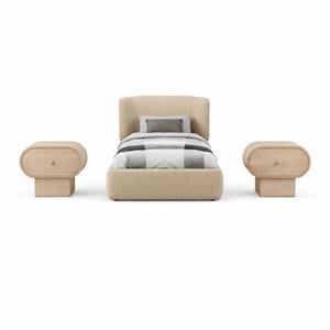 Bowery Hill Set of 3 Beige Chenille Twin Bed and 2 Natural Oak Nightstands