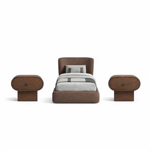 Bowery Hill Set of 3 Brown Chenille Twin Bed and 2 Brown Oak Nightstands