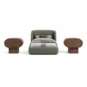 Bowery Hill Set of 3 Green Chenille Twin Bed and 2 Brown Oak Nightstands