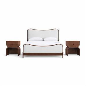 Bowery Hill Set of 3 Cream Linen Full Bed and 2 Brown Walnut Nightstands