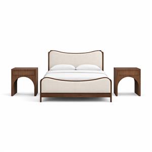 Bowery Hill Set of 3 Cream Vegan Leather Queen Bed and 2 Walnut Nightstands