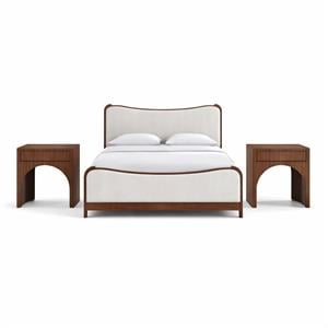 Bowery Hill Set of 3 Beige Linen Full Bed and 2 Brown Walnut Nightstands
