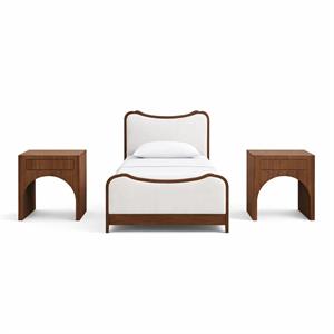 Bowery Hill Set of 3 Cream Linen Twin Bed and 2 Brown Walnut Nightstands