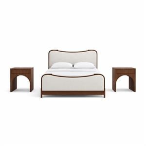 Bowery Hill Set of 3 Beige Linen Queen Bed and 2 Brown Walnut Nightstands