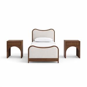 Bowery Hill Set of 3 Beige Linen Twin Bed and 2 Brown Walnut Nightstands