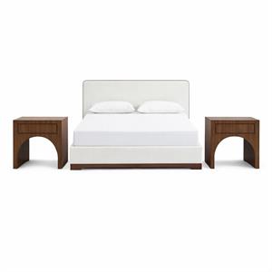 Bowery Hill Set of 3 Cream Velvet Full Bed and 2 Brown Walnut Nightstands