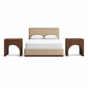 Bowery Hill Set of 3 Beige Velvet Full Bed and 2 Brown Walnut Nightstands