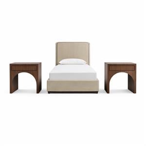 Bowery Hill Set of 3 Beige Velvet Twin Bed and 2 Brown Walnut Nightstands