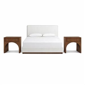 Bowery Hill Set of 3 Cream Velvet Queen Bed and 2 Brown Walnut Nightstands