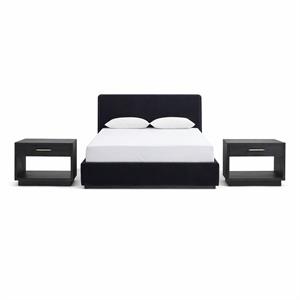 Bowery Hill Set of 3 Black Velvet Full Bed and 2 Black Wood Nightstands