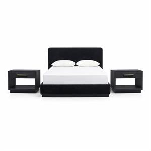 Bowery Hill Set of 3 Black Velvet Queen Bed and 2 Black Wood Nightstands